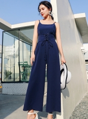 Fashion Summer Sleeveless Spaghetti Strap Lace-up Wide Leg Jumpsuits