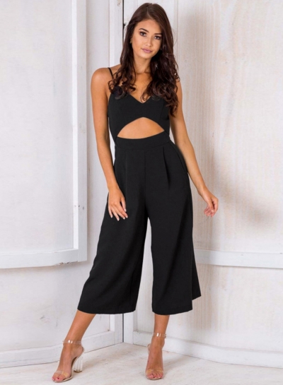 Fashion Sexy Solid Spaghetti Strap Sleeveless Backless V Neck Jumpsuits YOUYOUFASHIONEC.com