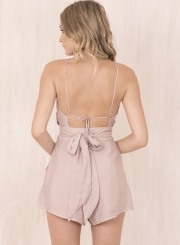 Fashion Solid Spaghetti Strap Sleeveless Backless Lace-up Women Rompers