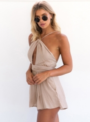 Fashion Solid Spaghetti Strap Sleeveless Backless Lace-up Women Rompers
