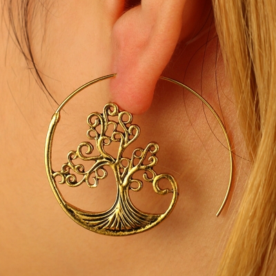 Fashion Vintage Alloy Circle Round Life Tree Pattern Earrings