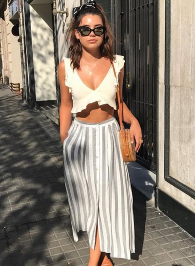 Fashion Sleeveless Flounced V Neck Crop Top Striped Skirt Set With Bottons YOUYOUFASHIONEC.com