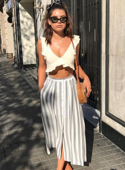 Fashion Sleeveless Flounced V Neck Crop Top Striped Skirt Set With Bottons