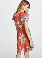 Fashion Floral Printed Lace-up Short Sleeve V Neck A-line Women Midi Dress