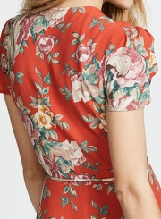 Fashion Floral Printed Lace-up Short Sleeve V Neck A-line Women Midi Dress