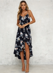 Fashion Sexy Iregular Floral Printed Spaghetti Strap Backless Midi Dress