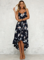 Fashion Sexy Iregular Floral Printed Spaghetti Strap Backless Midi Dress