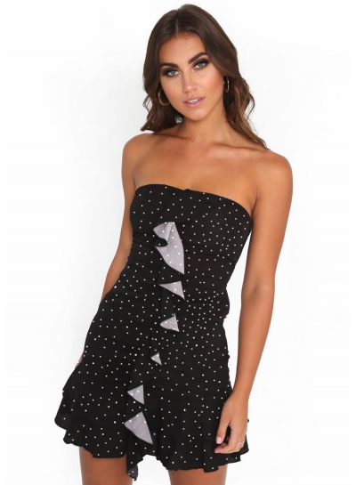 Fashion Sexy Chest Wrapped Flounced Mini Dress With Polka Dots STYLESIMO.com
