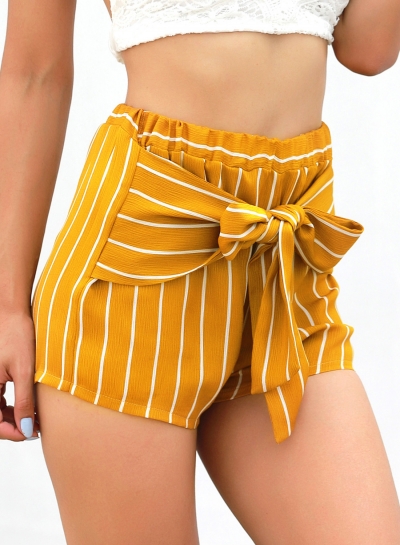Fashion Sexy Striped Elastic Waist Women Straight Shorts With Bow