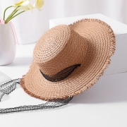 Fashion Casual Summer Wide Brim Straw Dome Sun Hat With Lace