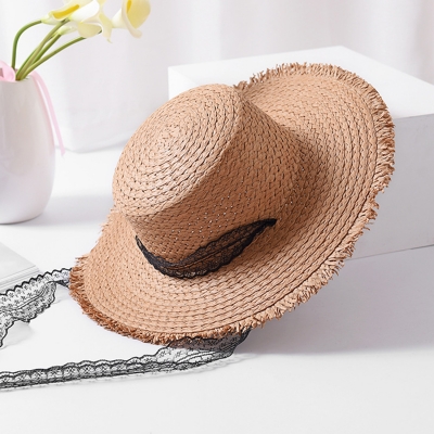 Fashion Casual Summer Wide Brim Straw Dome Sun Hat With Lace YOUYOUFASHIONEC.com