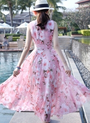 Fashion Floral Printed Sleeveless Elastic Waist V Neck Maxi Dress