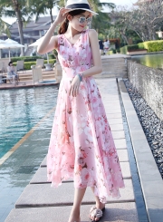 Fashion Floral Printed Sleeveless Elastic Waist V Neck Maxi Dress