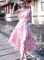 Fashion Floral Printed Sleeveless Elastic Waist V Neck Maxi Dress