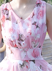 Fashion Floral Printed Sleeveless Elastic Waist V Neck Maxi Dress