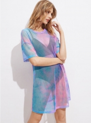 Fashion Sexy Loose Multi-color Gauze Short Sleeve Round Neck Women Dress