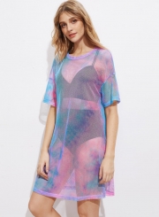 Fashion Sexy Loose Multi-color Gauze Short Sleeve Round Neck Women Dress