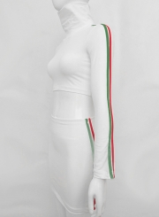 Slim Striped Long Sleeve High Neck Crop Top Short Skirt Set