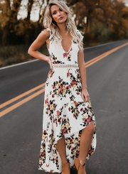 Irregular Floral Printed Sleeveless V Neck Women Swallowtail Maxi Dress