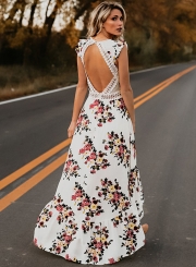 Irregular Floral Printed Sleeveless V Neck Women Swallowtail Maxi Dress