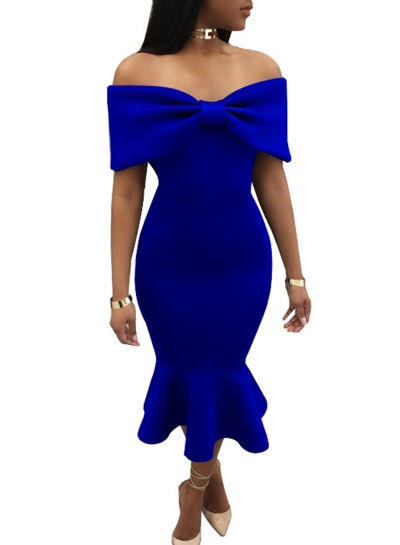 Solid Flounced Off The Shoulder Slash Neck Women Bodycon Dress With Bow YOUYOUFASHIONEC.com