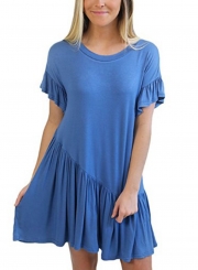 Casual Solid Flounced Short Sleeve Round Neck Dress