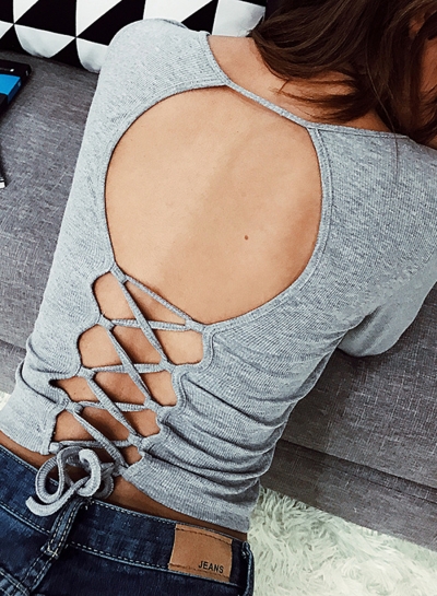 Solid Slim Long Sleeve Back Lace-up Hollowed Out V Neck Women Tee Shirt