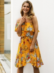 Sexy Boho Floral Printed One Shoulder Elastic Waist Midi Dress