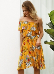 Sexy Boho Floral Printed One Shoulder Elastic Waist Midi Dress