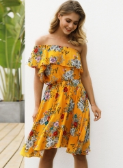 Sexy Boho Floral Printed One Shoulder Elastic Waist Midi Dress