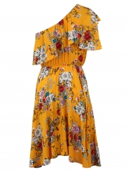 Sexy Boho Floral Printed One Shoulder Elastic Waist Midi Dress