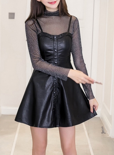 2 Piece Long Sleeve Mock Neck Dress With Spaghetti Strap PU Dress YOUYOUFASHIONEC.com