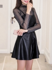 2 Piece Long Sleeve Mock Neck Dress With Spaghetti Strap PU Dress