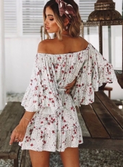 Fashion Casual Floral Printed Flare Sleeve Slash Neck Women Mini Dress