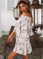 Fashion Casual Floral Printed Flare Sleeve Slash Neck Women Mini Dress