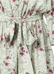 Fashion Casual Floral Printed Flare Sleeve Slash Neck Women Mini Dress