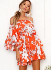 Floral Printed Flare Sleeve Off The Shoulder Slash Neck Mini Dress