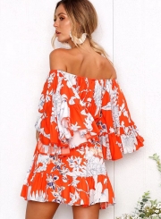 Floral Printed Flare Sleeve Off The Shoulder Slash Neck Mini Dress