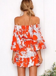 Floral Printed Flare Sleeve Off The Shoulder Slash Neck Mini Dress