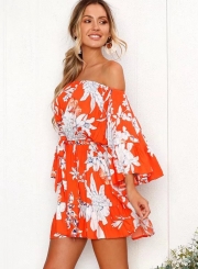 Floral Printed Flare Sleeve Off The Shoulder Slash Neck Mini Dress