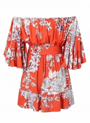 Floral Printed Flare Sleeve Off The Shoulder Slash Neck Mini Dress