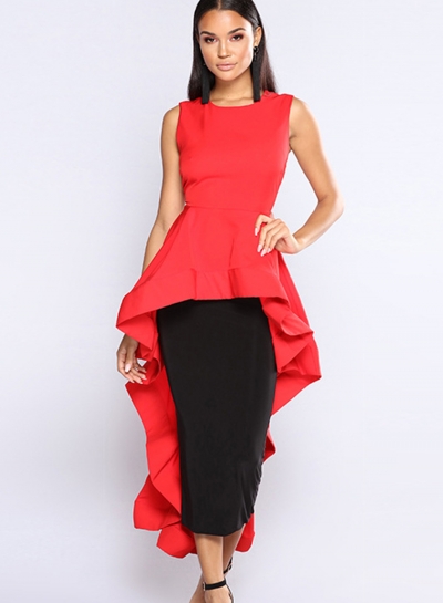 Fashion Slim Solid Irregular Flounced Sleeveless Round Neck Dress STYLESIMO.com