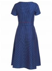 Vintage Tie Waist Short Sleeve Round Neck Dress With Polka Dots