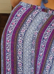 Fashion Irregular Boho Floral Printed Tie Waist Flounced Women Long Skirt