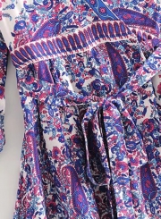 Summer Floral Printed Tie Waist Half Sleeve V Neck Women Mini Dress