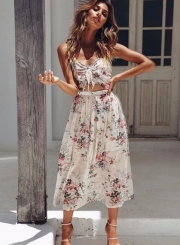Sexy Floral Printed Halter Sleeveless Backless Lace-up Women Midi Dress