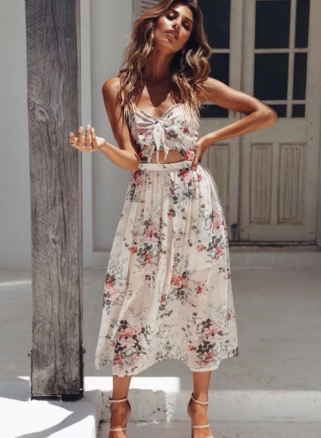 Sexy Floral Printed Halter Sleeveless Backless Lace Up Women Midi Dress 
