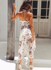 Sexy Floral Printed Halter Sleeveless Backless Lace-up Women Midi Dress