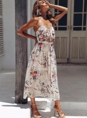 Sexy Floral Printed Halter Sleeveless Backless Lace-up Women Midi Dress