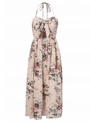 Sexy Floral Printed Halter Sleeveless Backless Lace-up Women Midi Dress